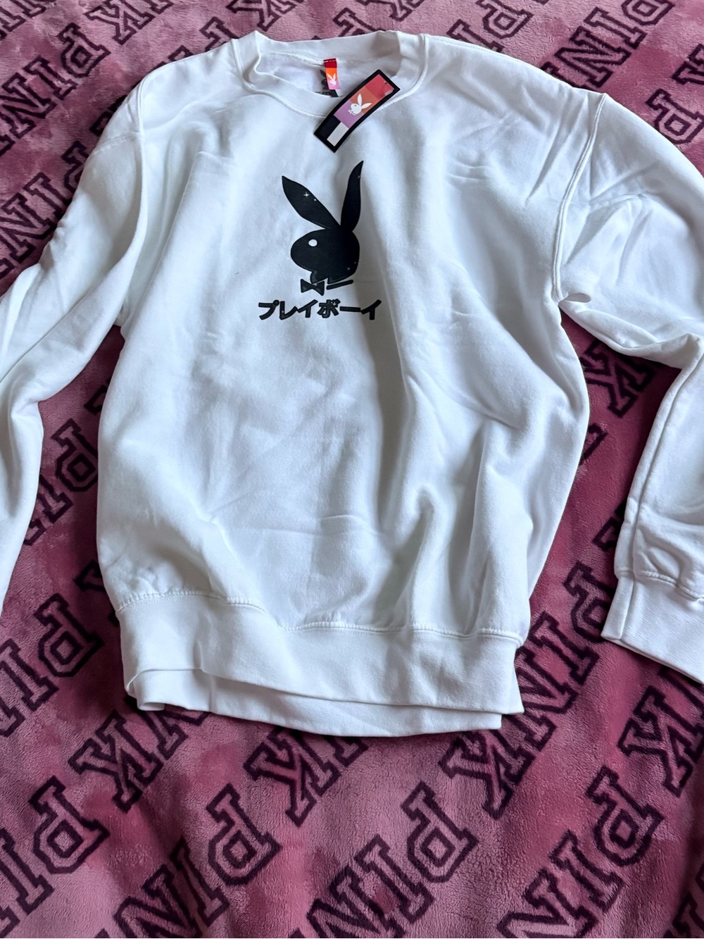 PLAYBOY White Crewneck Sweatshirt with Black Bunny Graphic